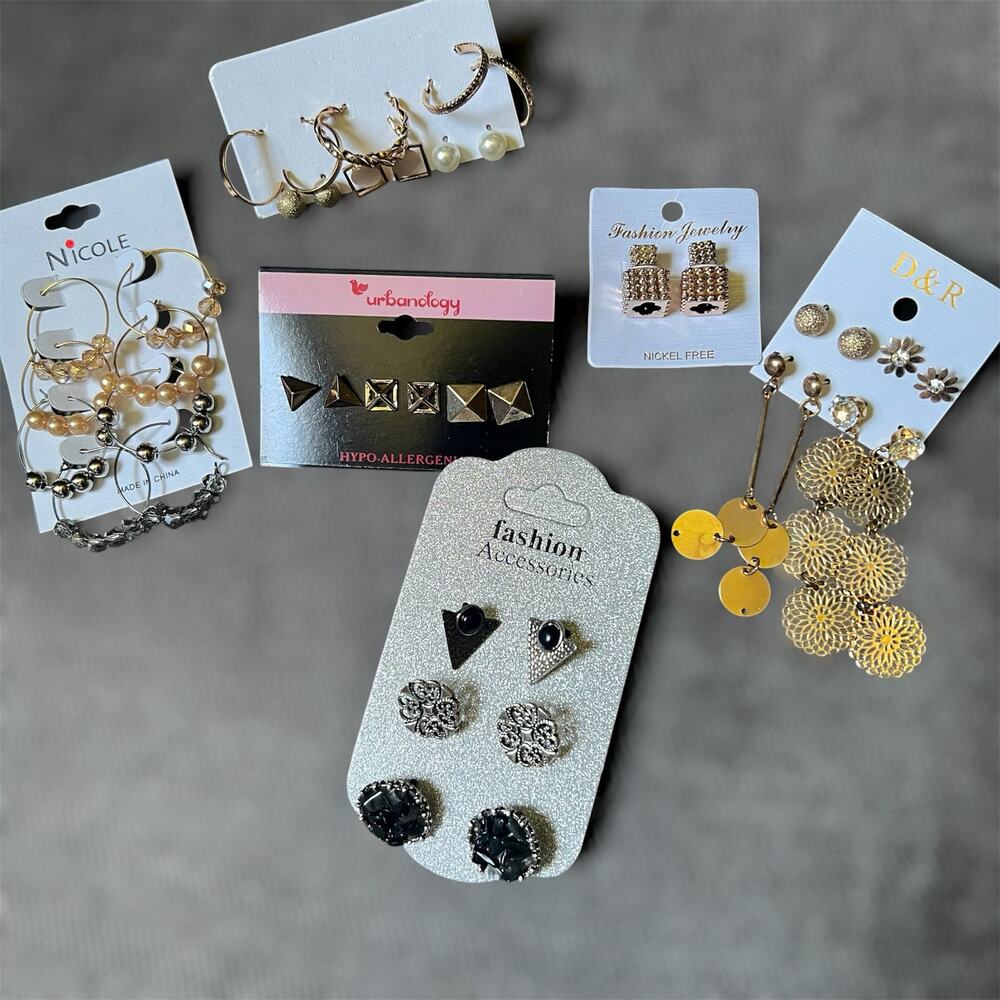 Lot of 6 Packs of Earrings 21 Pairs Fashion Jewelry Variety Hoops Dangle Post